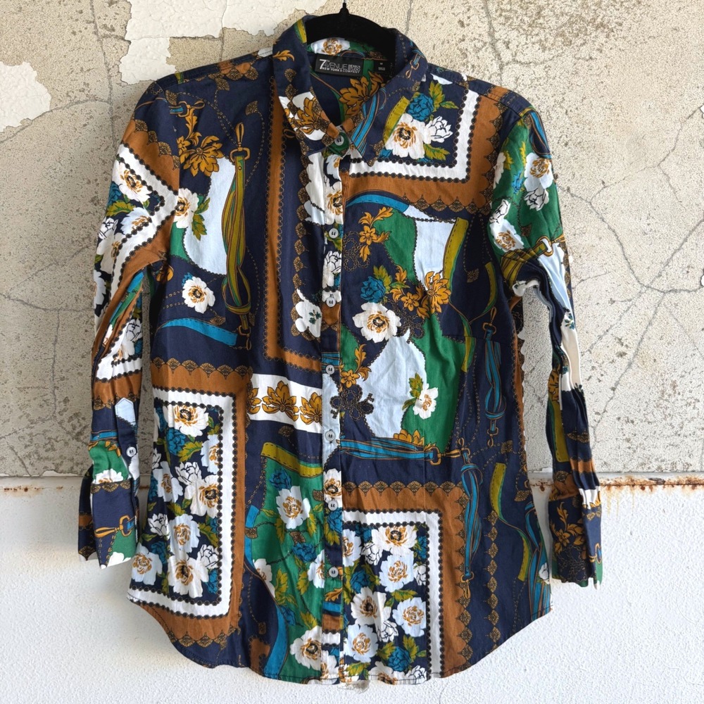 Scarf Print Blouse Button Down Shirt Floral Chain Equestrian 7th Avenue Women M